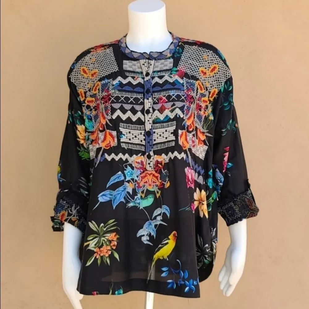 JOHNNY WAS BIYA ANTHRO Veda Embroidered Silk Blouse S M L Shirt Peasant Top Boho